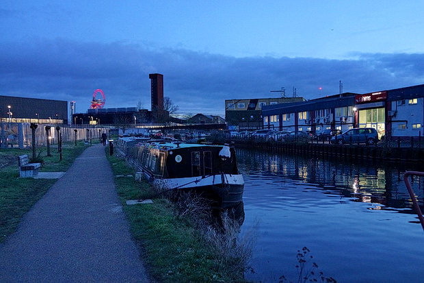 Bow to Hackney Wick canalside walk: barges, street art, buildings and twilight, Feb 2019