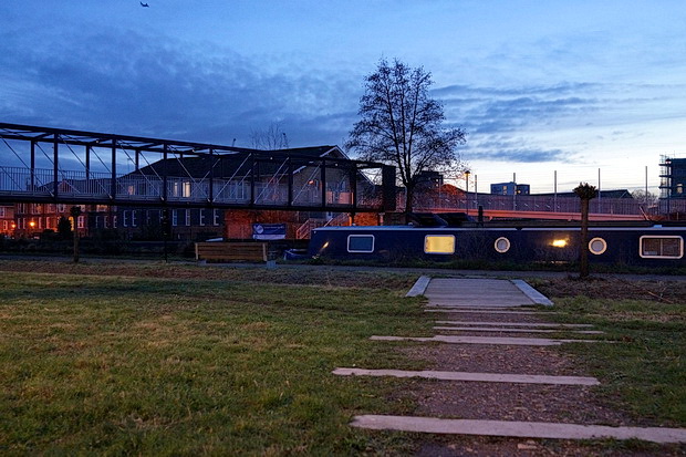 Bow to Hackney Wick canalside walk: barges, street art, buildings and twilight, Feb 2019