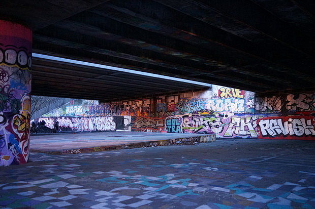 Bow to Hackney Wick canalside walk: barges, street art, buildings and twilight, Feb 2019