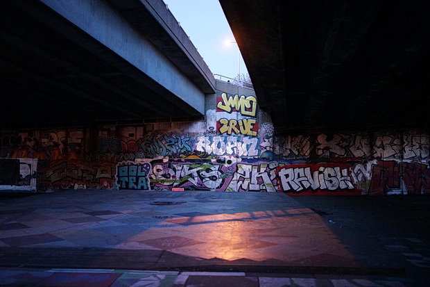 Bow to Hackney Wick canalside walk: barges, street art, buildings and twilight, Feb 2019