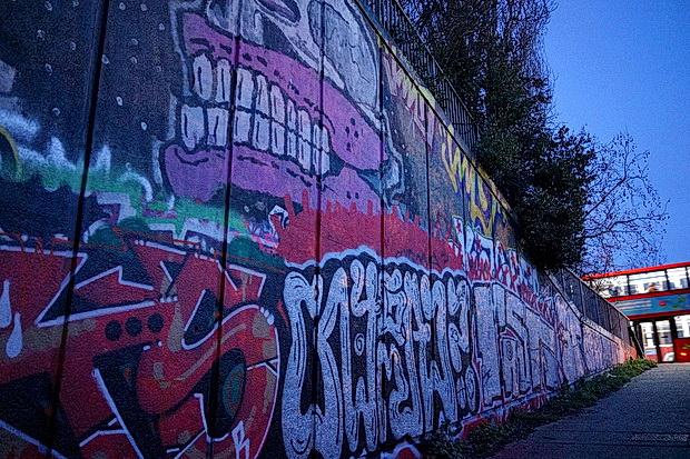 Bow to Hackney Wick canalside walk: barges, street art, buildings and twilight, Feb 2019