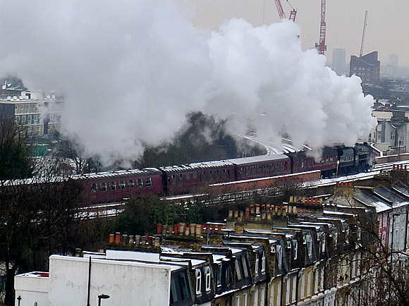 Brixton snow and steam as the Sussex Belle steams past