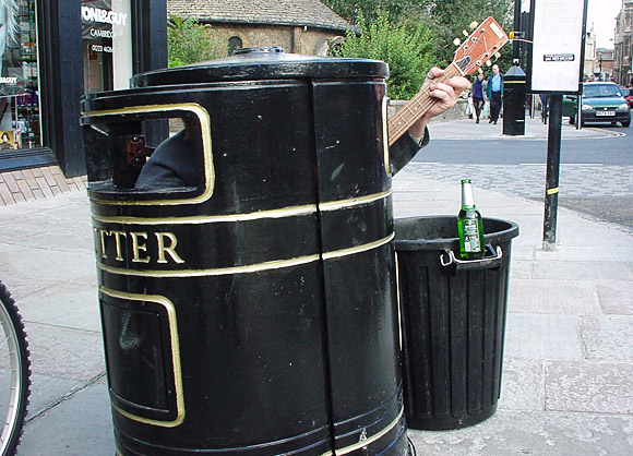 Busker in a bin. Cambridge