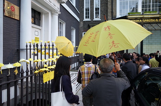 Solidarity shown for the Umbrella Revolution outside the Hong Kong Economic and Trade Office, Sunday 19th Oct, in Grafton Street, London