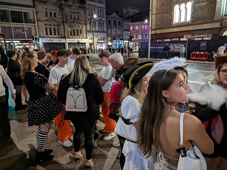 Halloween party night in Cardiff's Caroline Street, Sat 28th October 2023