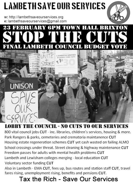 Lambeth Council cuts budget vote - demo, 6pm 23rd Feb
