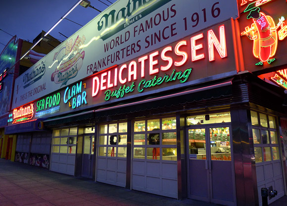 Hot dogs at Nathan's Delicatessen, Coney Island, New York, USA