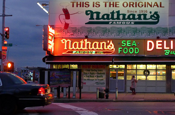 Hot dogs at Nathan's Delicatessen, Coney Island, New York, USA