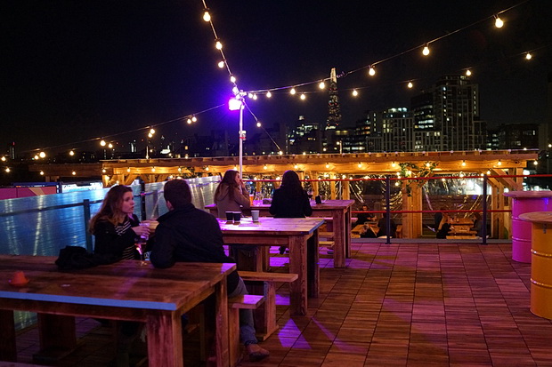 Rooftop skating, booze, fondues and Gus's wonderful roasted chestnuts at Skylight ,. Tobacco Dock, Wapping, London, November 2017