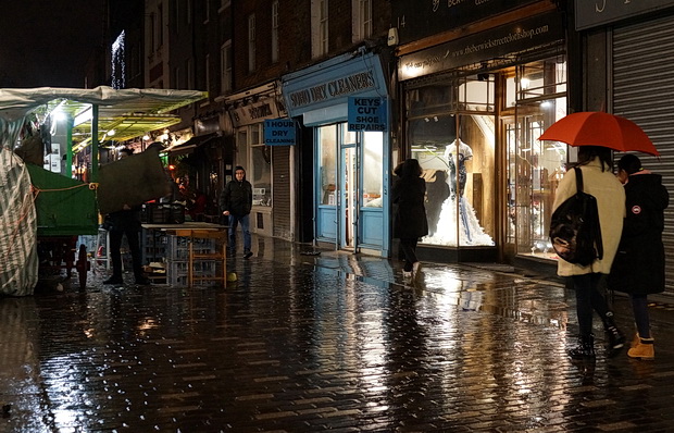Christmas rain - Soho lights reflected in the pavements, December 2017