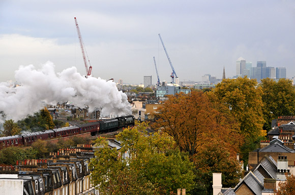 Brixton rattles to the sound of a Battle Of Britain class steam locomotive