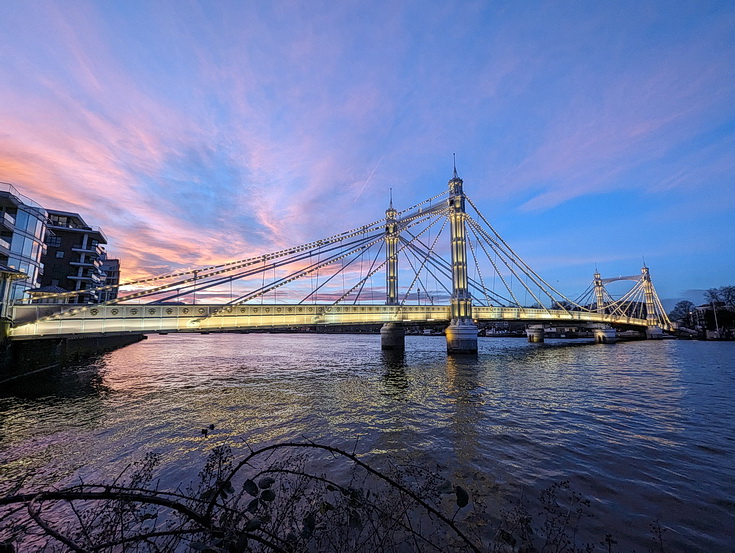In photos: a stunning winter sunset by the River Thames, featuring the Albert and Chelsea Bridges