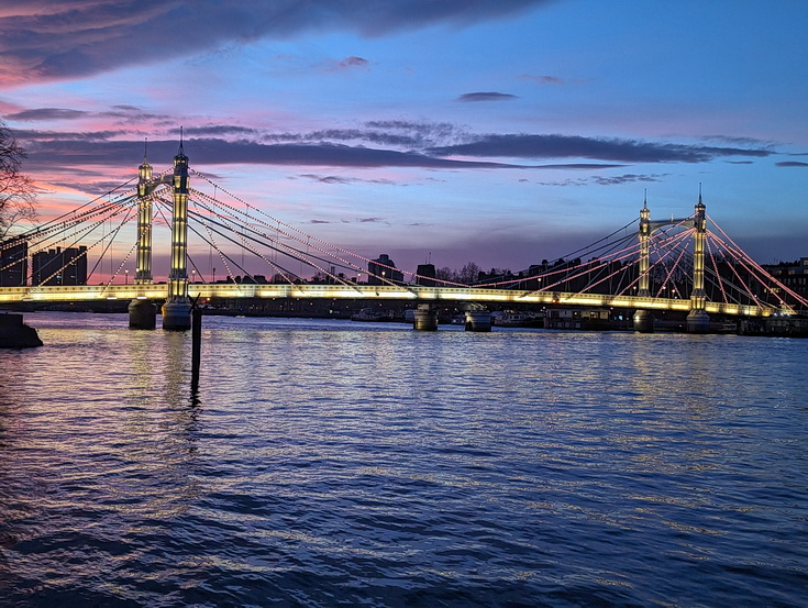 In photos: a stunning winter sunset by the River Thames, featuring the Albert and Chelsea Bridges