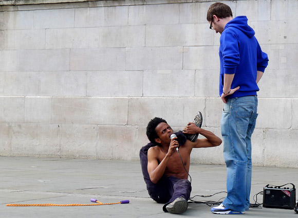 The plinth, the artist and contortionist, Trafalgar Square, May 2011