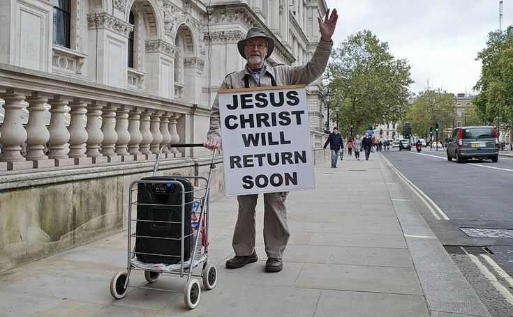 In photos: the arms-aloft street preacher with a speaker on wheels, Whitehall, London, Sat 17th Oct 2020