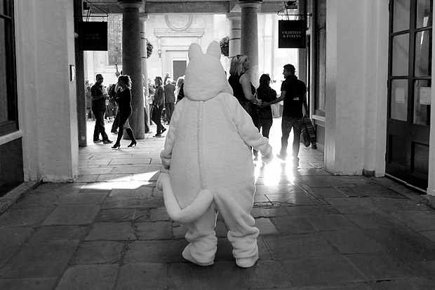 Covent Garden, the white cuddly bear and the wooden people