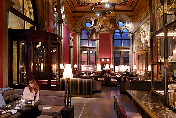 Cocktails in the Gothic splendour of The Gilbert Scott bar, Midland Hotel, St Pancras