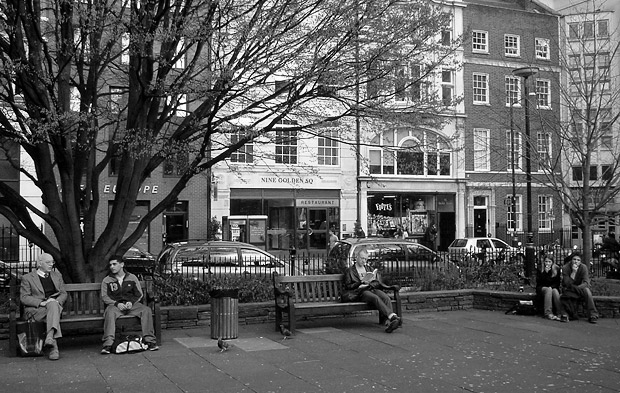 Saturday lunchtime at Golden Square, Soho, London