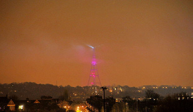 Crystal Palace tower commemorates switch from analogue to digital TV with damp squib display