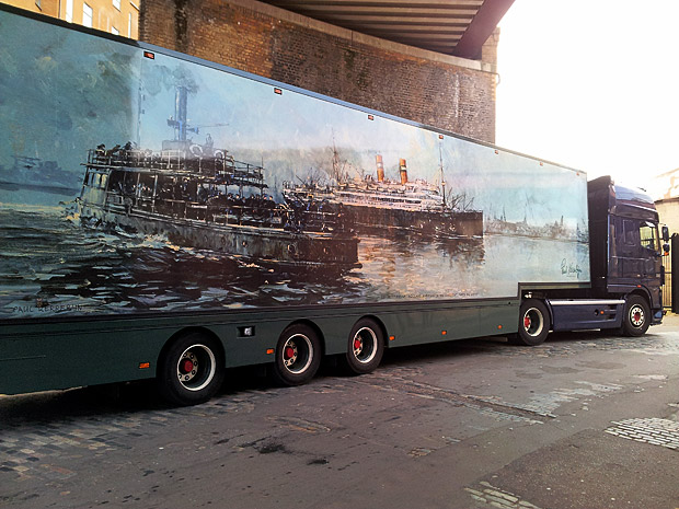 Painting of a big ship on a flower lorry, Brixton
