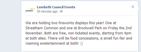 Nov 2nd: Brockwell Park Bonfire Night fireworks are back!