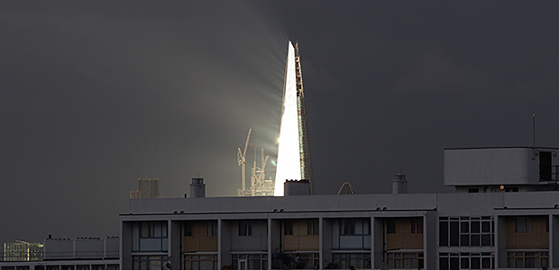 Dramatic sunbursts light up the London Shard skyscraper