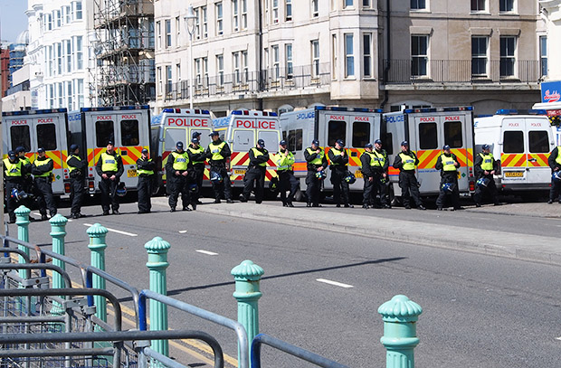Heavily policed EDL march in Brighton; marchers completely outnumbered by counter-demonstrators