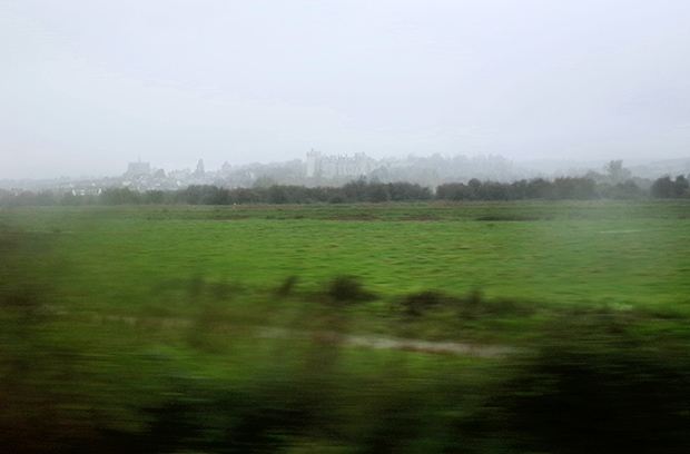 Rain on a train window, England