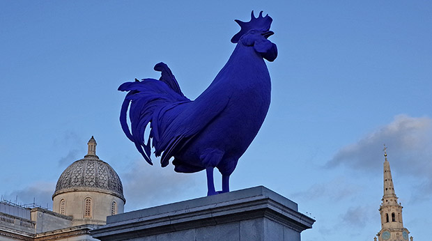 A giant blue cockerel in Trafalgar Square, London