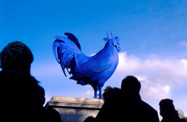 A giant blue cock on the Fourth Plinth in Trafalgar Square, London