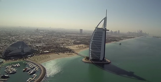 Video drone flies over the world's tallest building, the Burj Khalifa in Dubai