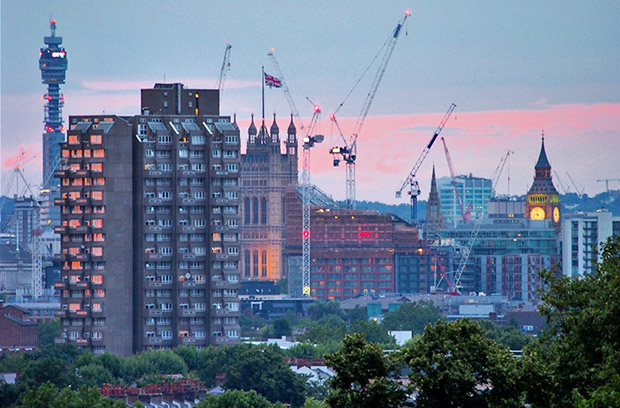London at dusk: cranes, flags and the Telectom Tower