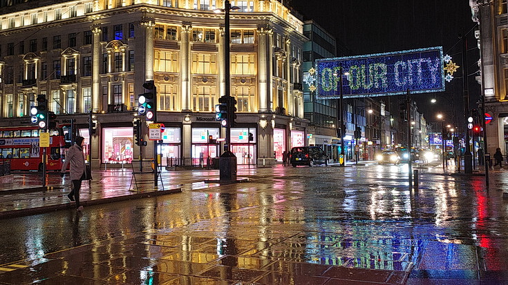 Tinseltown in the rain: Oxford Street Christmas lights in a late night downpour, Dec 2020