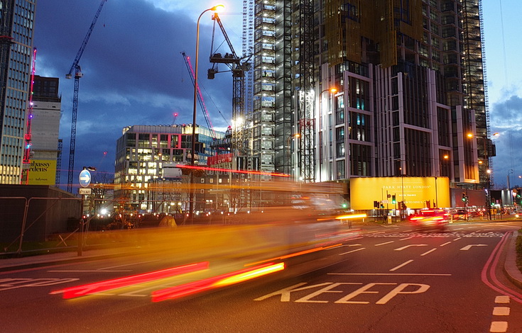 Vauxhall at night - skyscrapers, buses, construction work and a Thames nocturne, Jan 2021
