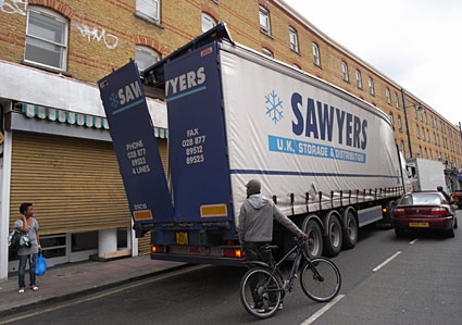 Lorry hits bridge at junction of Coldharbour Lane and Atlantic Road, 7th September, Brixton, Lambeth, London SW9