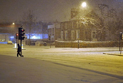 A snowy night in Brixton, Lambeth, London SW9 - scenes on Electric Avenue, Coldharbour Lane, Gresham Road, 2nd February 2009