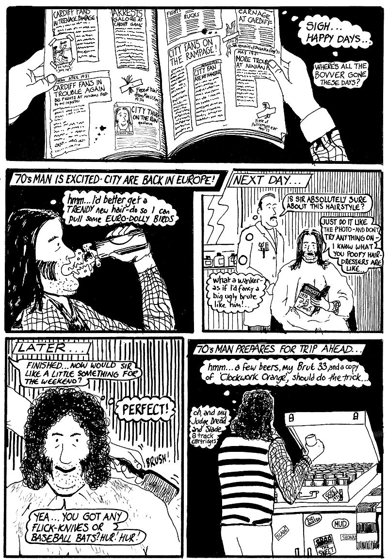 70s Man goes to France, the sexist, racist, violent nutter deep frozen from Cardiff City's past, a comic strip in the Bluebird Jones Cardiff City FC inspired comic strip