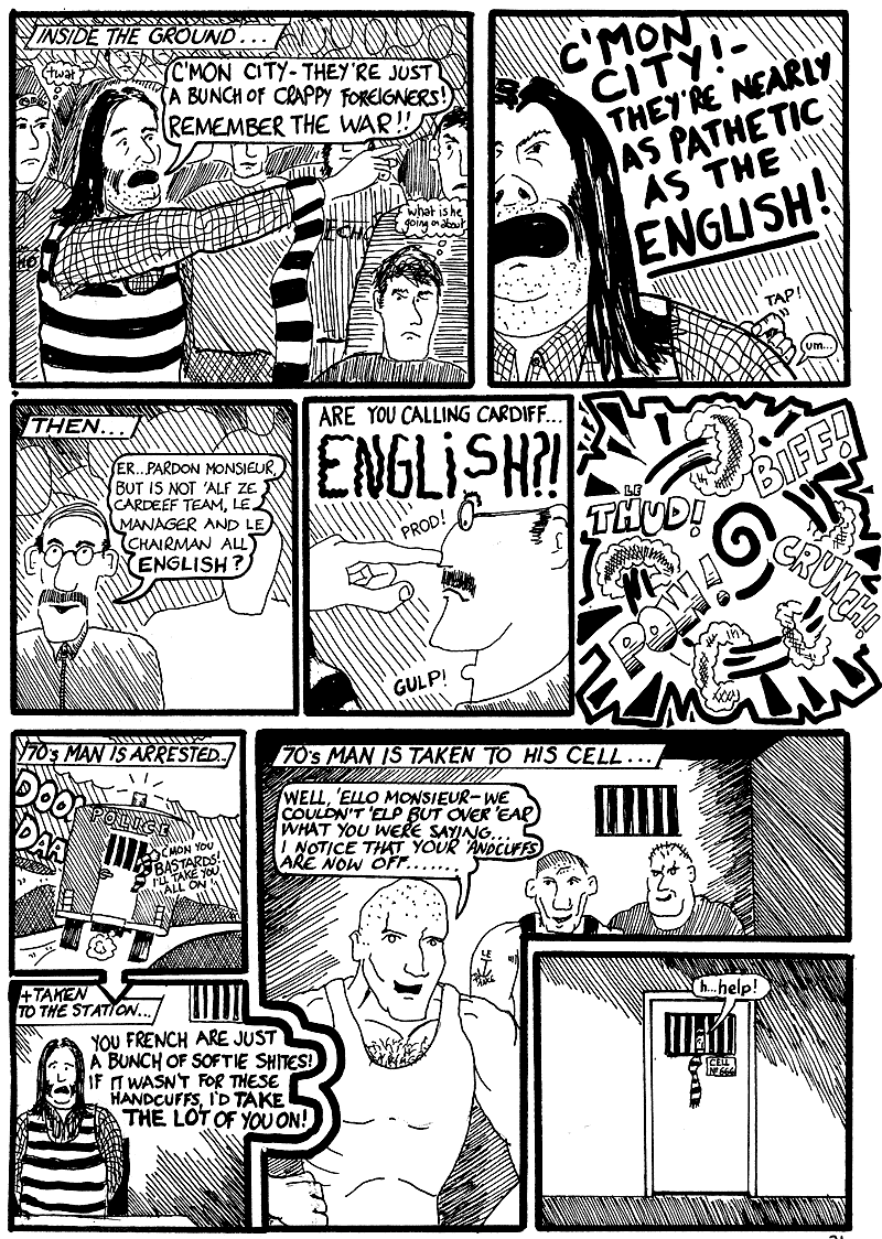 70s Man goes to France, the sexist, racist, violent nutter deep frozen from Cardiff City's past, a comic strip in the Bluebird Jones Cardiff City FC inspired comic strip