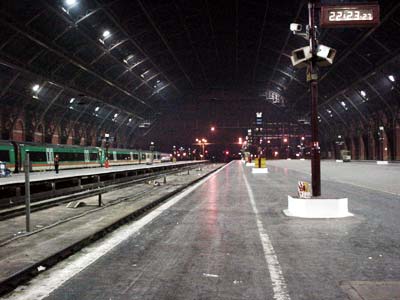 Train shed at night, St Pancras station, May 2001 London UK