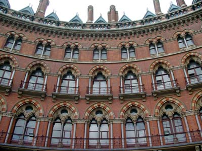 Windows and chimneys, Midland Grand, St Pancras railway station, June 2003 London UK