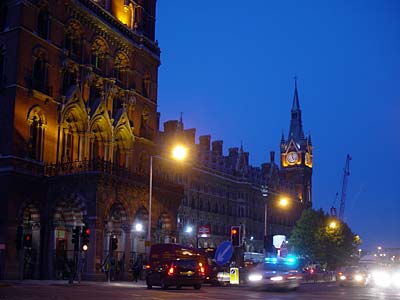St Pancras station at night, Euston Road, London UK