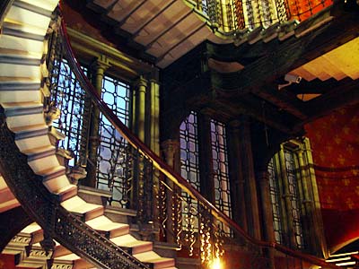 Looking up Grand Stair, Midland Grand, St Pancras, Euston Road, London UK
