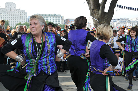 Morris Dancing event on Southbank by the River Thames, with the Hammersmith Morris Men, Mortimer's Morris, Pecsaetan Morris, Boggart's Breakfast, Eynsham Morris, Stone Monkey Sword Dancers, Moss Brothers and Gog Magog Molly, London, September 4th 2010