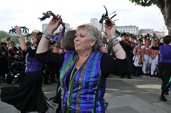 Morris Dancing event on Southbank by the River Thames, with the Hammersmith Morris Men, Mortimer's Morris, Pecsaetan Morris, Boggart's Breakfast, Eynsham Morris, Stone Monkey Sword Dancers, Moss Brothers and Gog Magog Molly, London, September 4th 2010