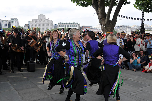 Morris Dancing event on Southbank by the River Thames, with the Hammersmith Morris Men, Mortimer's Morris, Pecsaetan Morris, Boggart's Breakfast, Eynsham Morris, Stone Monkey Sword Dancers, Moss Brothers and Gog Magog Molly, London, September 4th 2010