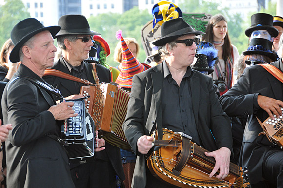 Morris Dancing event on Southbank by the River Thames, with the Hammersmith Morris Men, Mortimer's Morris, Pecsaetan Morris, Boggart's Breakfast, Eynsham Morris, Stone Monkey Sword Dancers, Moss Brothers and Gog Magog Molly, London, September 4th 2010