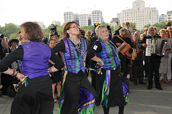 Morris Dancing event on Southbank by the River Thames, with the Hammersmith Morris Men, Mortimer's Morris, Pecsaetan Morris, Boggart's Breakfast, Eynsham Morris, Stone Monkey Sword Dancers, Moss Brothers and Gog Magog Molly, London, September 4th 2010