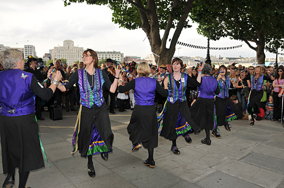 Morris Dancing event on Southbank by the River Thames, with the Hammersmith Morris Men, Mortimer's Morris, Pecsaetan Morris, Boggart's Breakfast, Eynsham Morris, Stone Monkey Sword Dancers, Moss Brothers and Gog Magog Molly, London, September 4th 2010
