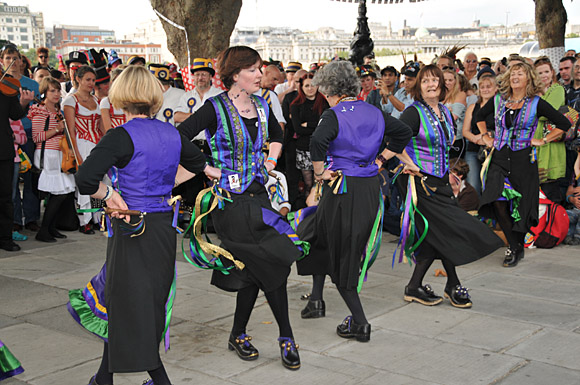 Morris Dancing event on Southbank by the River Thames, with the Hammersmith Morris Men, Mortimer's Morris, Pecsaetan Morris, Boggart's Breakfast, Eynsham Morris, Stone Monkey Sword Dancers, Moss Brothers and Gog Magog Molly, London, September 4th 2010