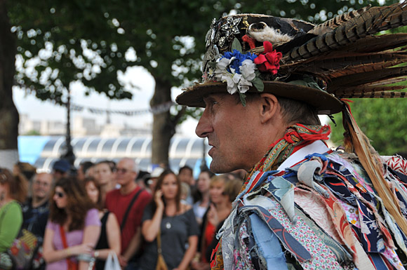 Morris Dancing event on Southbank by the River Thames, with the Hammersmith Morris Men, Mortimer's Morris, Pecsaetan Morris, Boggart's Breakfast, Eynsham Morris, Stone Monkey Sword Dancers, Moss Brothers and Gog Magog Molly, London, September 4th 2010